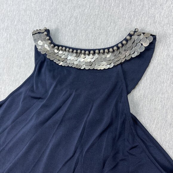 Anne Klein Sleeveless Top Womens L Navy Blue Silk Nylon Round Neck Metal Sequins - Picture 5 of 14
